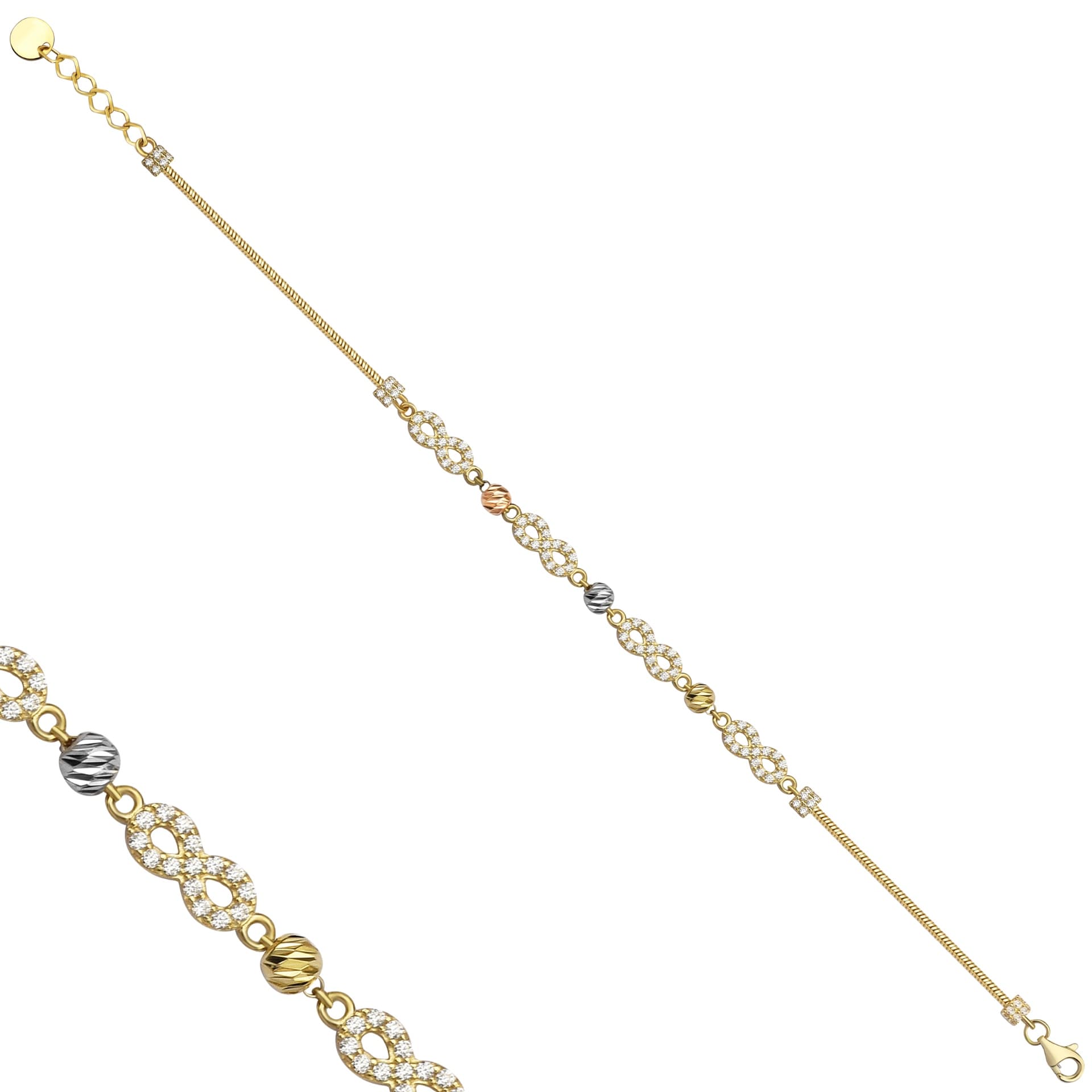 Гривна от жълто, бяло и розово злато, символ безкрайност с бели цирконий - Image 1