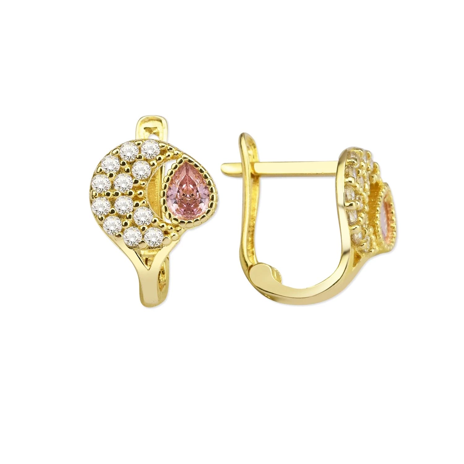 Детски обеци от жълто злато с бели и розов цирконий - Image 1