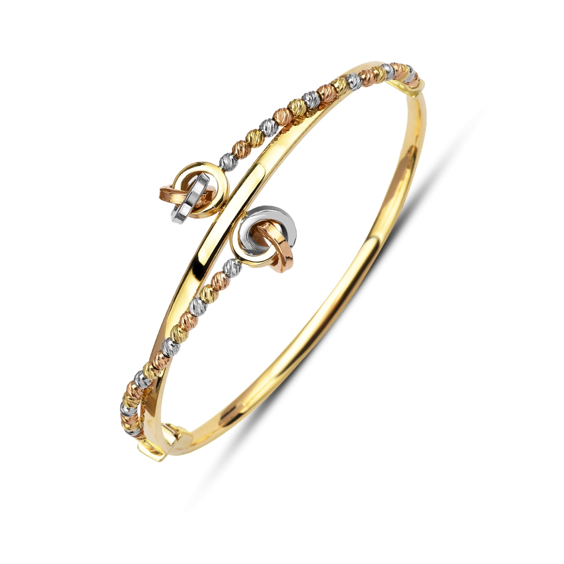 Твърда гривна от бъло, жълто и розово злато със златни топчета - Image 1