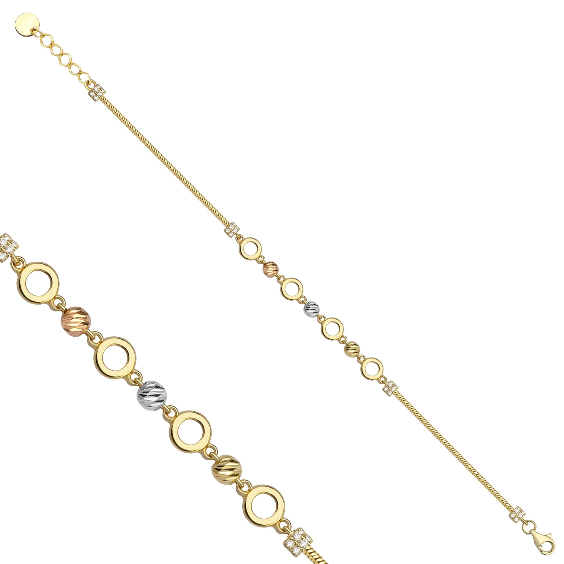 Гривна от бяло, жълто и розово злато с бели цирконий - Image 1