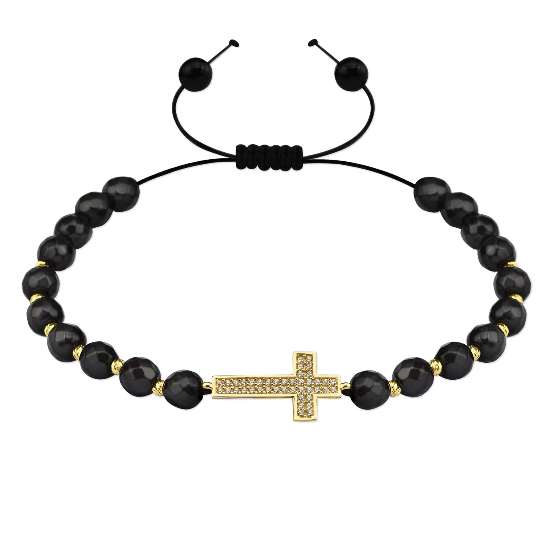Гривна с черни мъниста и златен кръст с бели цирконий - Image 1