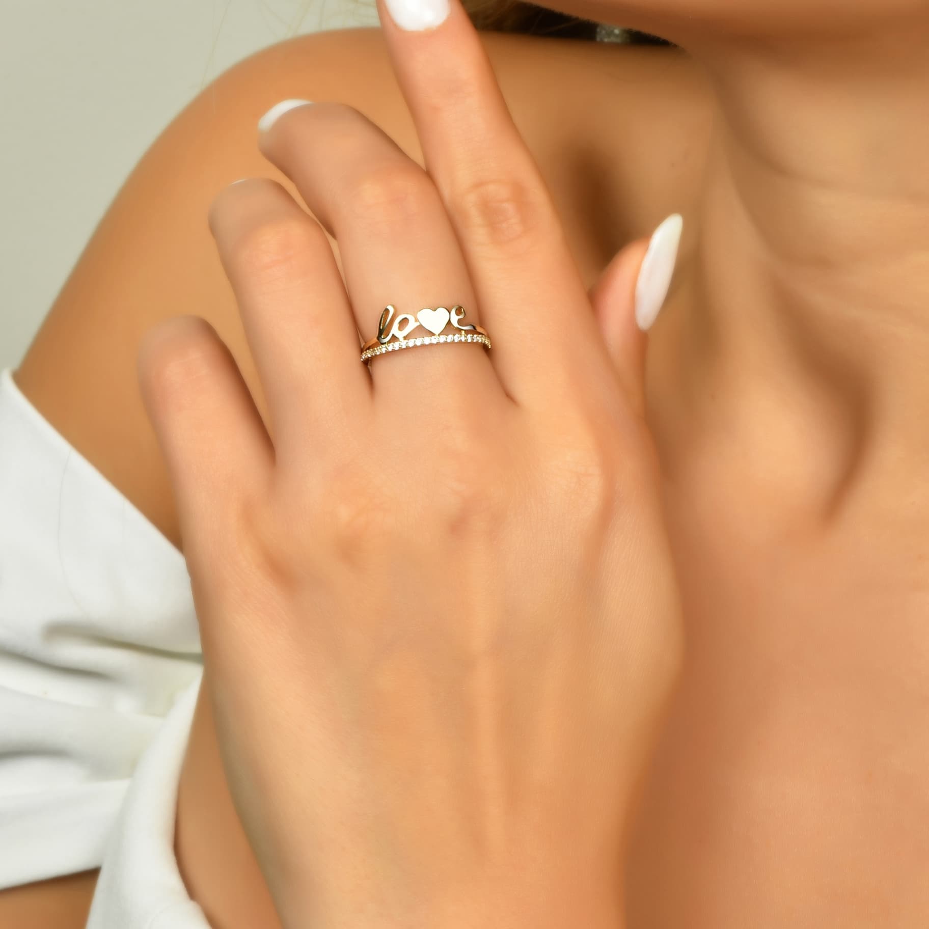 Пръстен от жълто злато с бели цирконий - Image 3