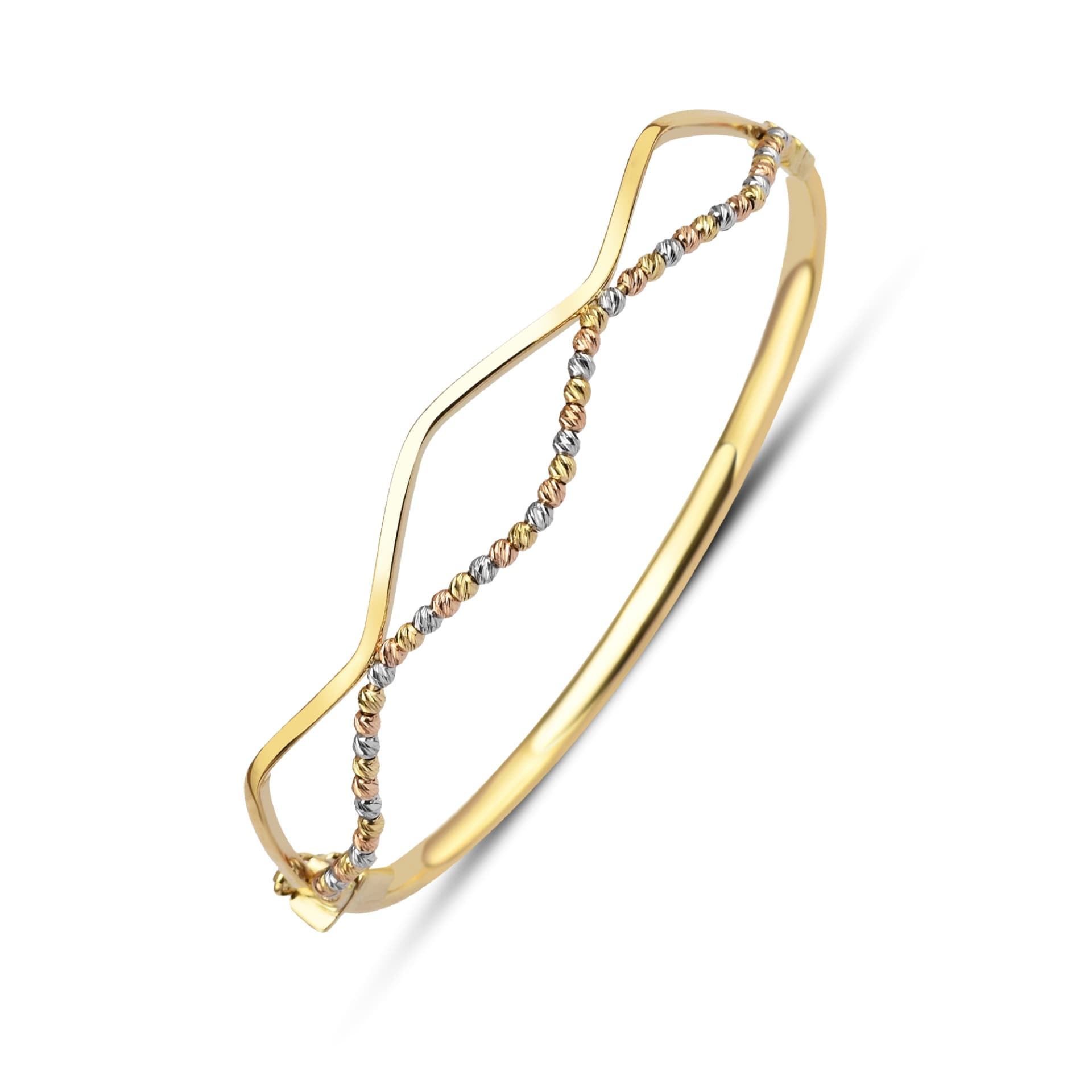 Твърда гривна от жълто злато с бели и розови златни топчета - Image 1