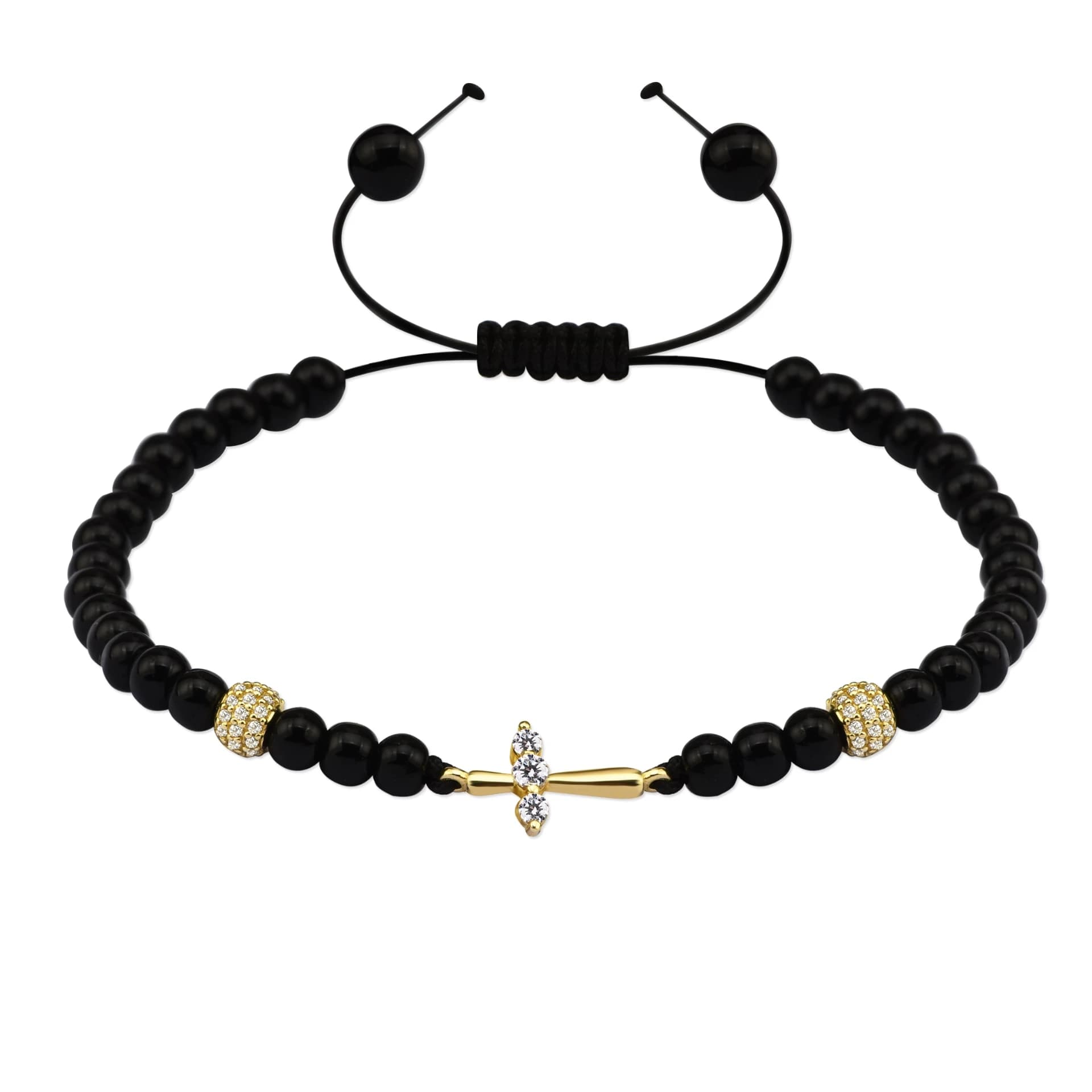 Гривна с черни мъниста и златен кръст с бели цирконий - Image 1