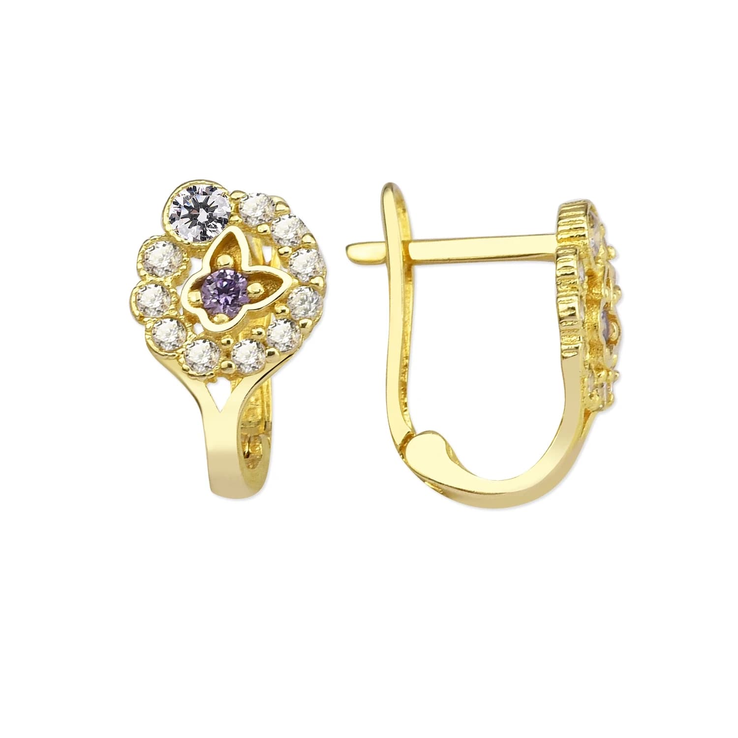 Детски обеци от жълто злато с бели и розов цирконий - Image 1