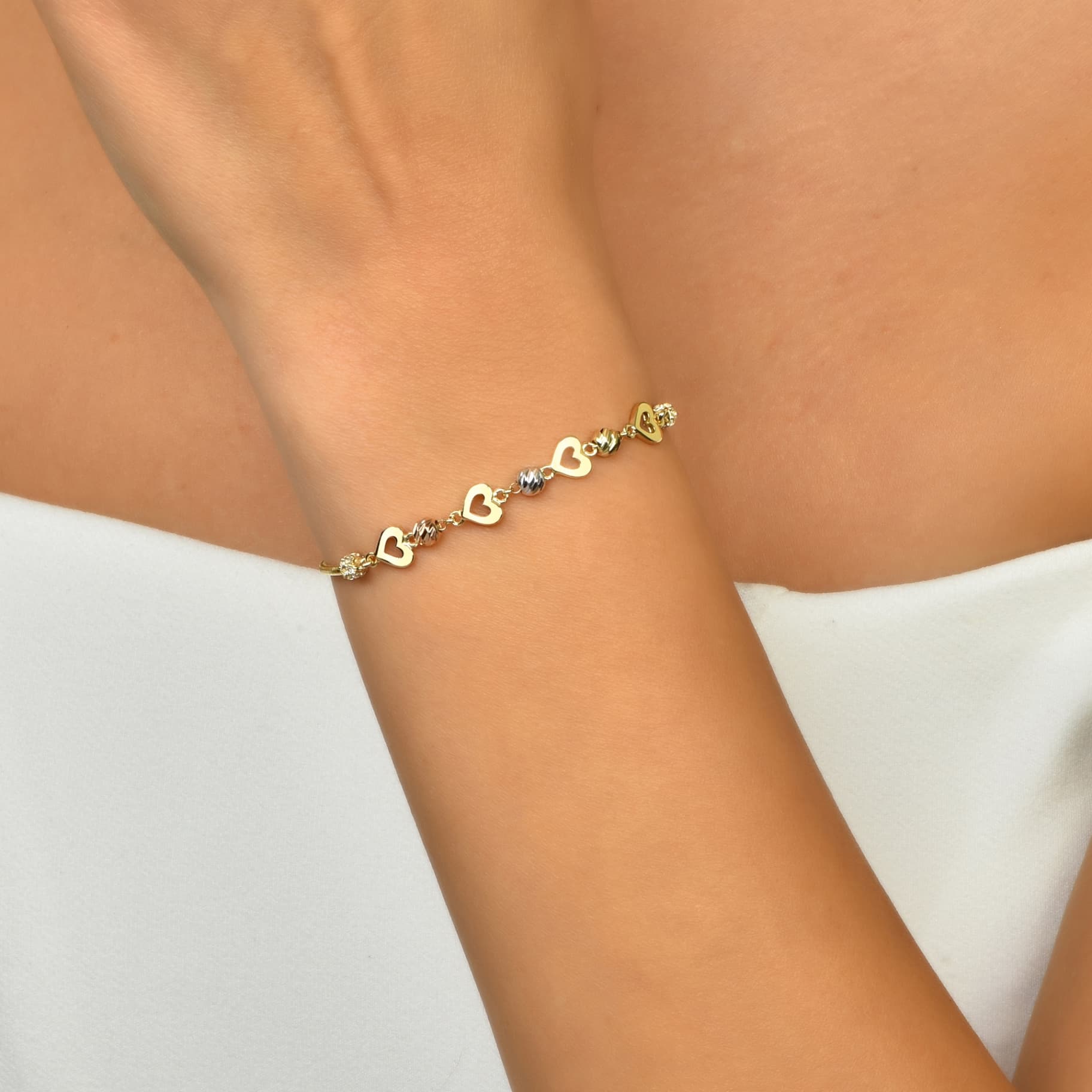 Гривна от бяло, жълто и розово злато с бели цирконий - Image 2