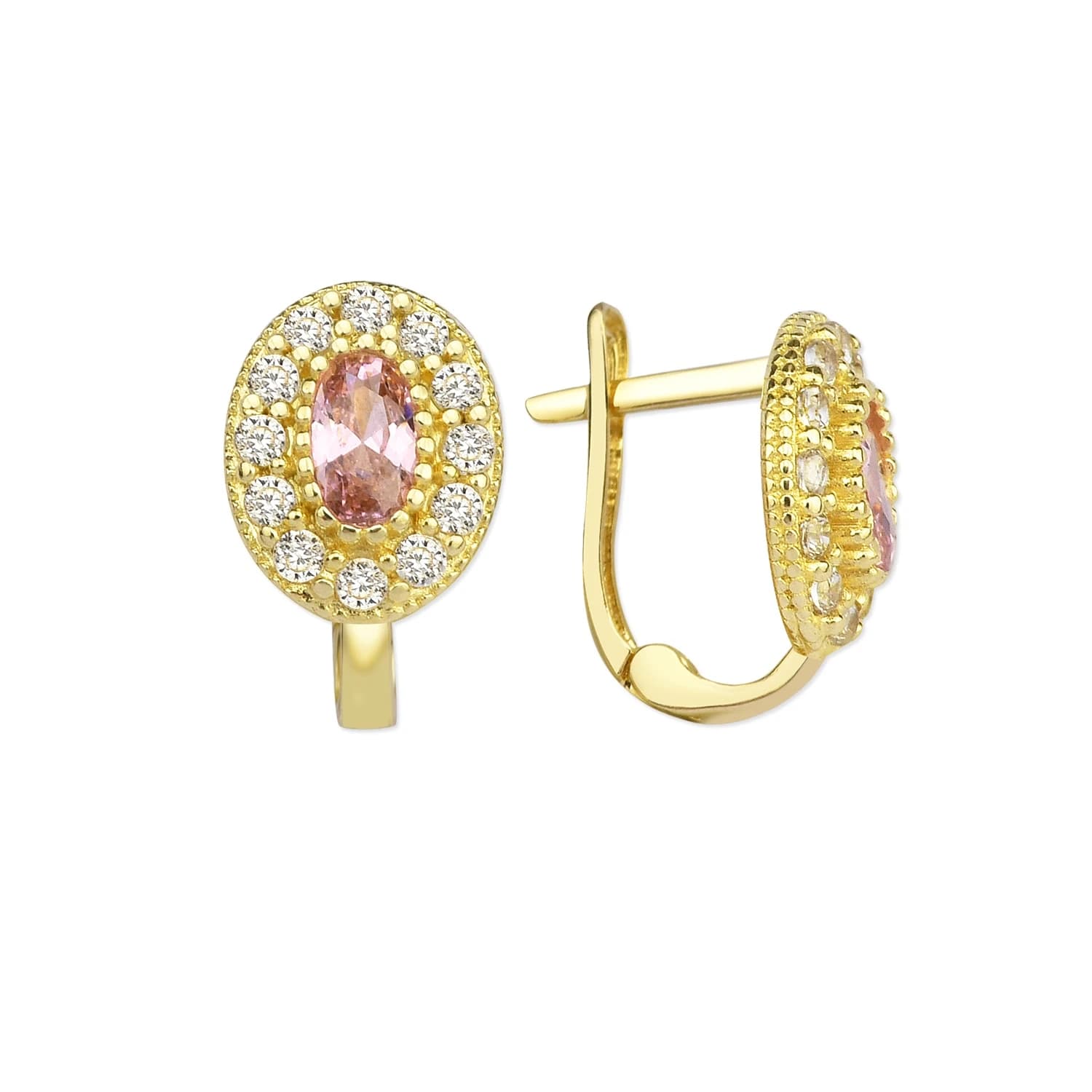 Детски обеци от жълто злато с бели и розов цирконий - Image 1
