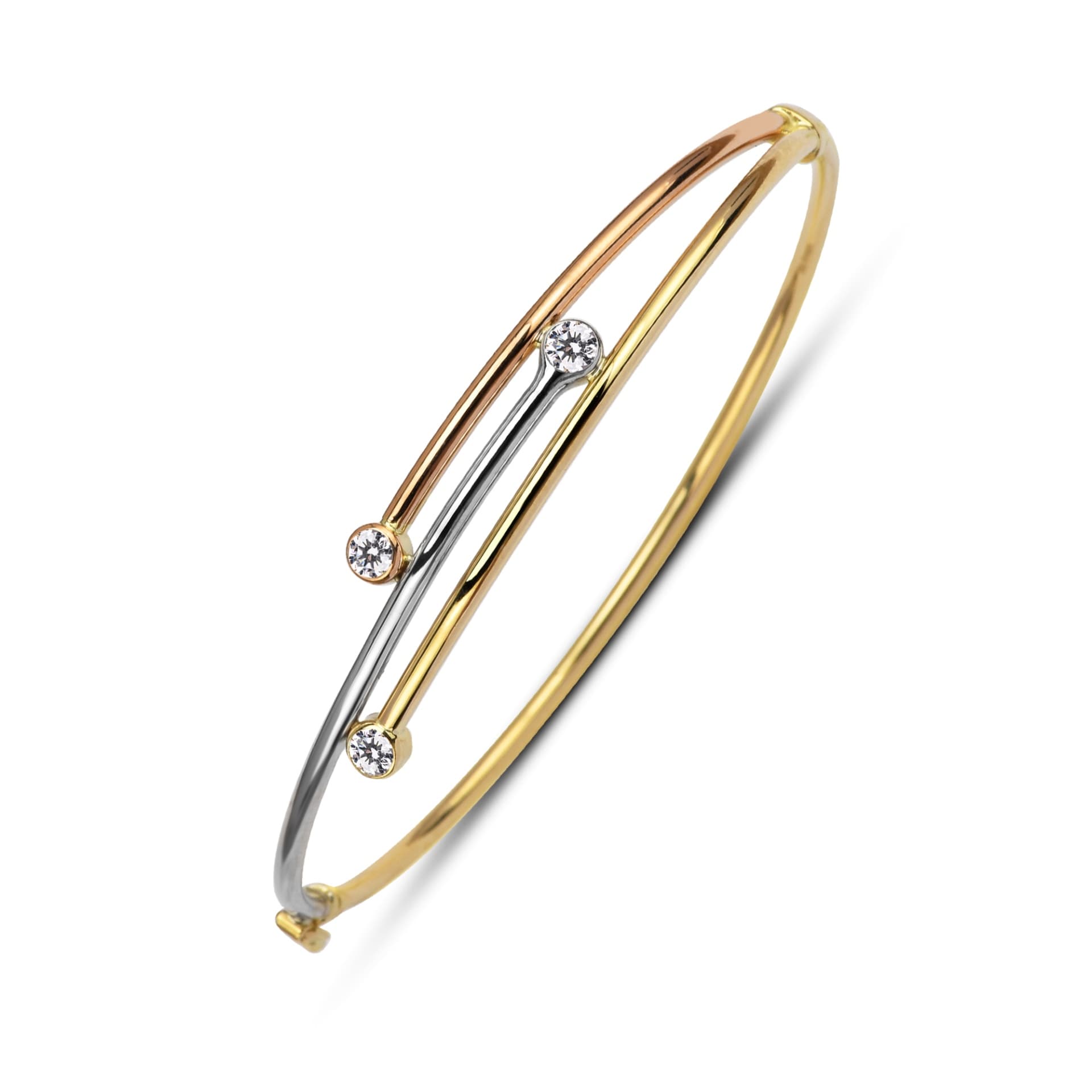 Твърда гривна от бяло, жълто и розово злато с бели цирконии - Image 1